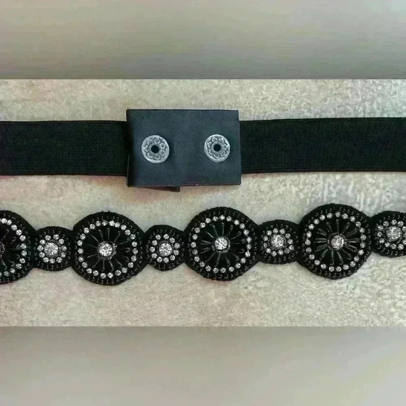 Black women’s thin elastic belt with black/silver rhinestone circle design; 21” - Picture 2 of 2